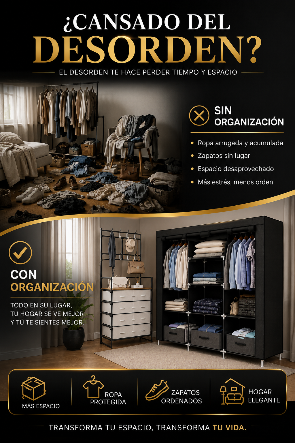 SUPER COMBO ORGANIZADOR PREMIUM PARA ROPA + ORGANIZADOR PERCHERO CON TAPA