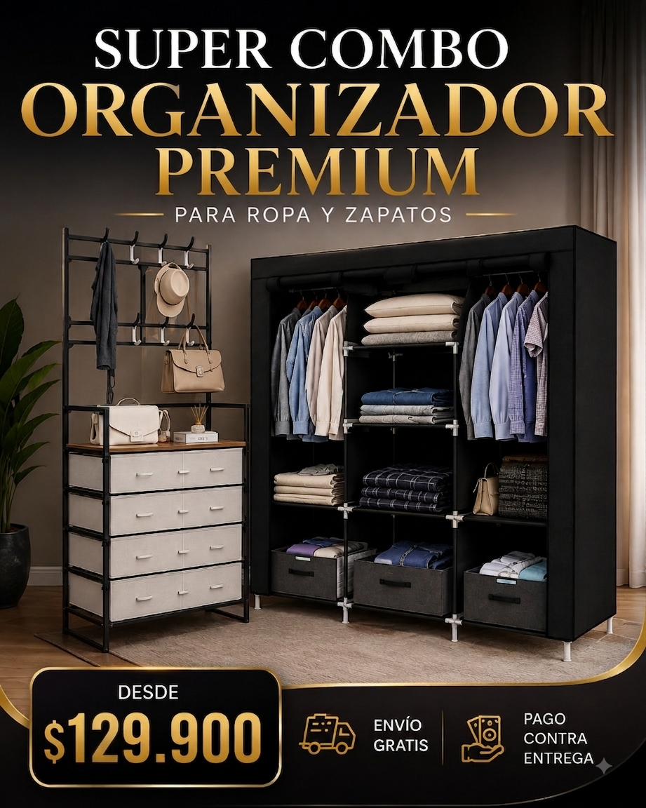 SUPER COMBO ORGANIZADOR PREMIUM PARA ROPA + ORGANIZADOR PERCHERO CON TAPA
