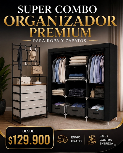SUPER COMBO ORGANIZADOR PREMIUM PARA ROPA + ORGANIZADOR PERCHERO CON TAPA