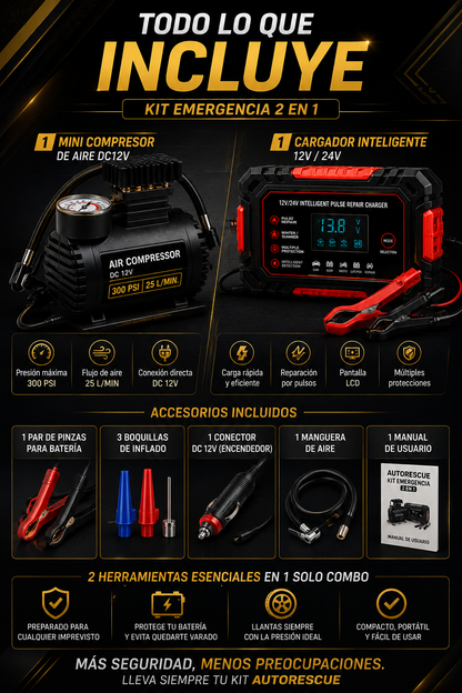 Kit De Compresor + Cargador Inteligente de Bateria! AutoRescue