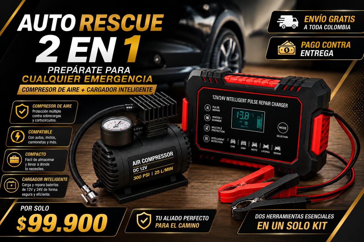 Kit De Compresor + Cargador Inteligente de Bateria! AutoRescue